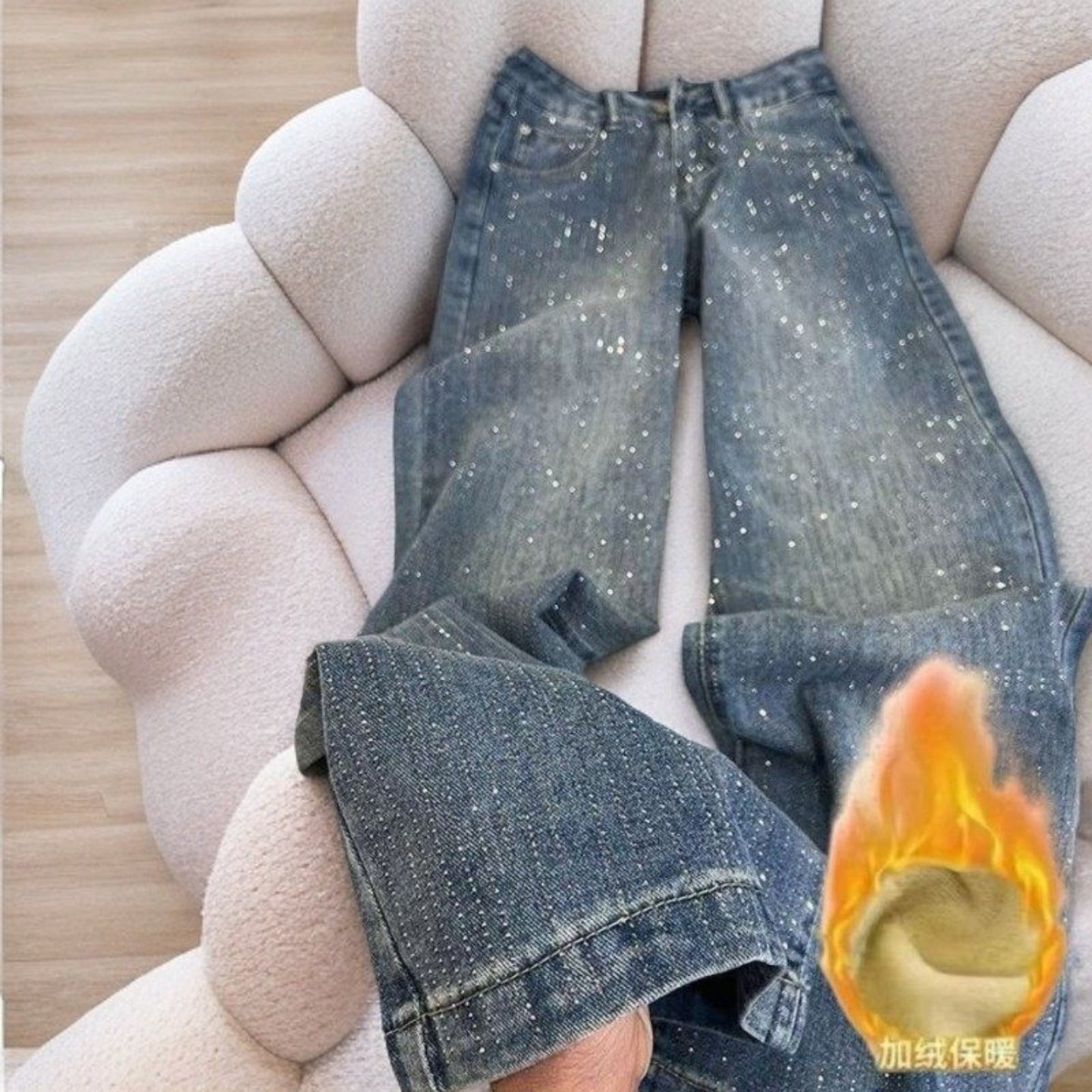 加绒加厚美式闪钻满天星烫钻直筒牛仔裤女冬季高腰宽松阔腿拖地裤