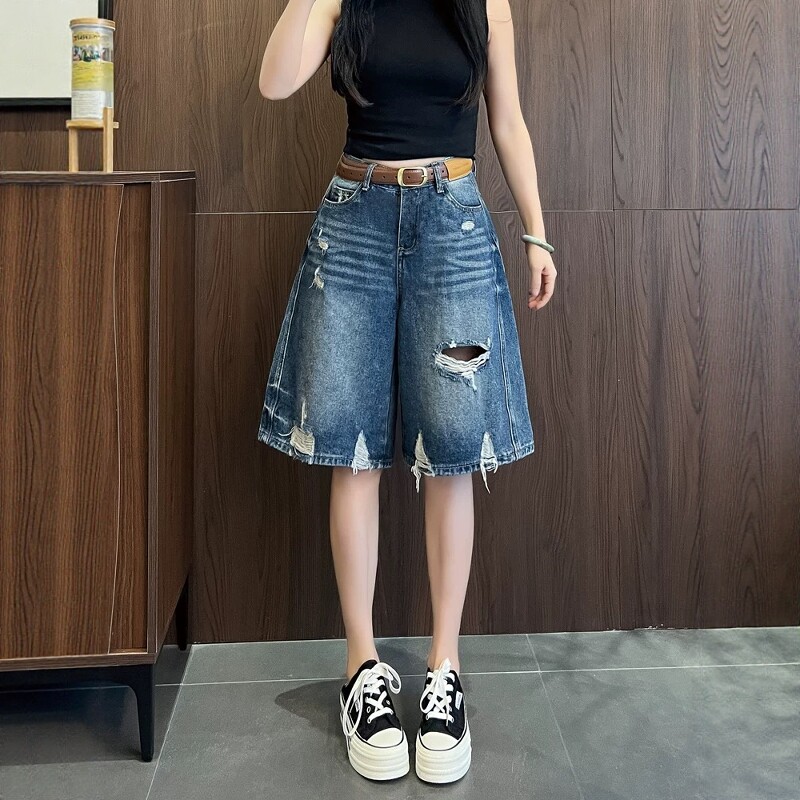 复古蓝破洞五分阔腿牛仔短裤女夏季做旧高腰宽松显瘦休闲直筒中裤