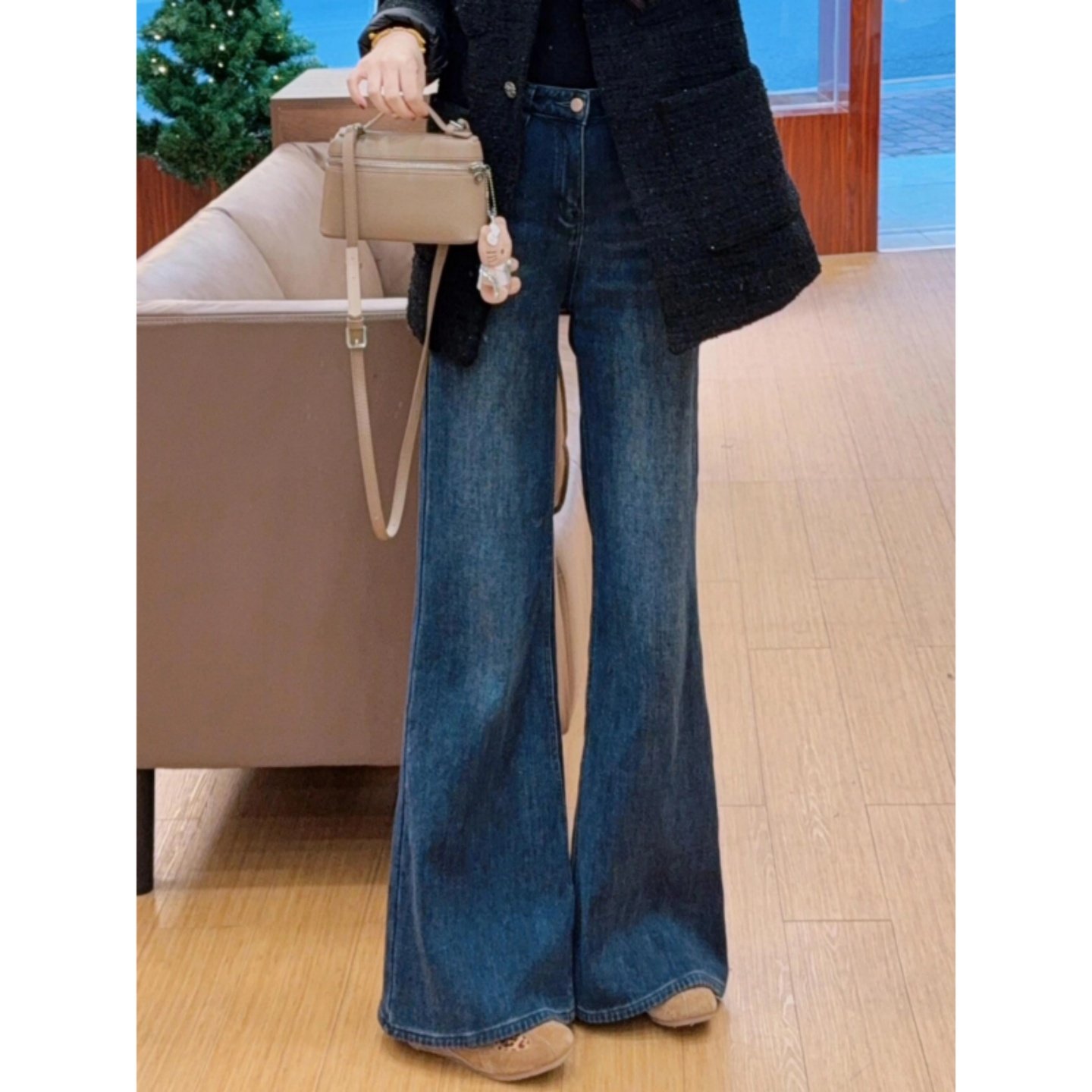 2026新款秋冬复古蓝微喇牛仔裤女高腰显瘦不贴腿拖地修身阔腿长裤