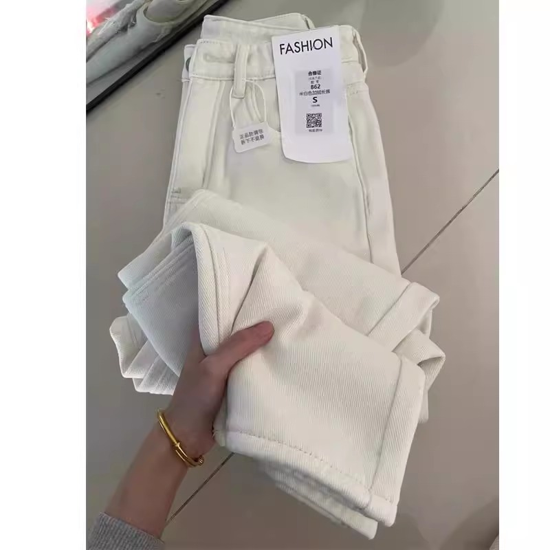 白色加绒加厚直筒牛仔裤女秋冬大码胖mm高腰宽松垂感显瘦阔腿长裤