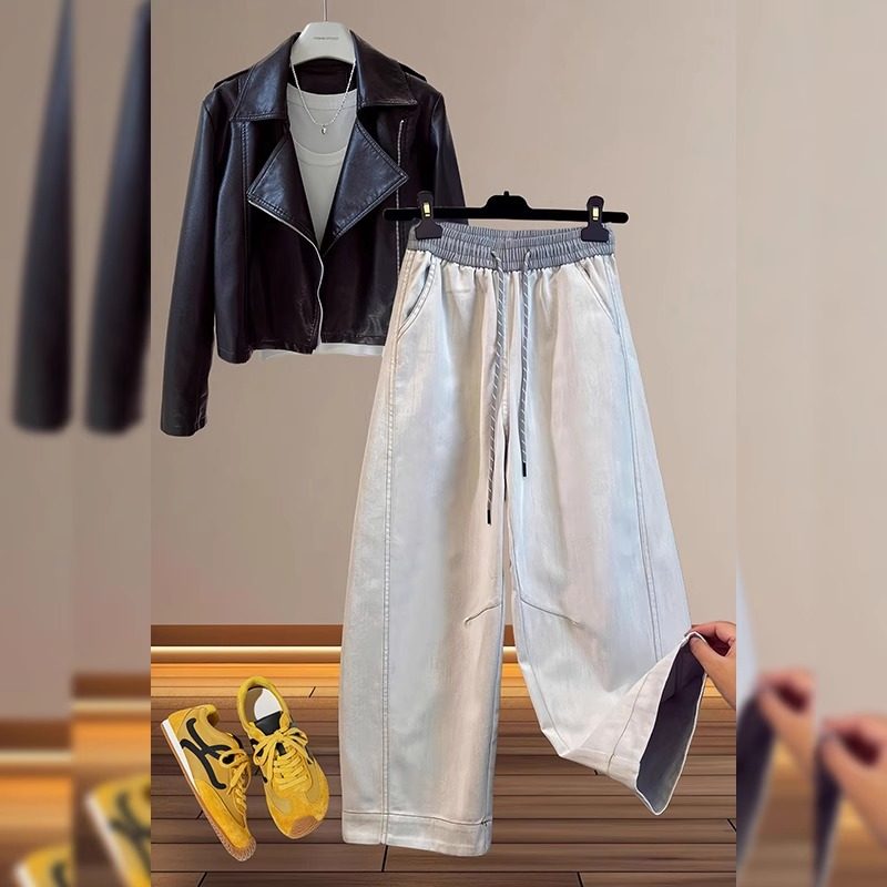 欧货老钱风抽绳叠色牛仔裤女春季新款大码梨形身材镰刀香蕉阔腿裤,女装/女士精品,牛仔裤,淘宝优惠券,粉丝福利购,淘宝优惠卷