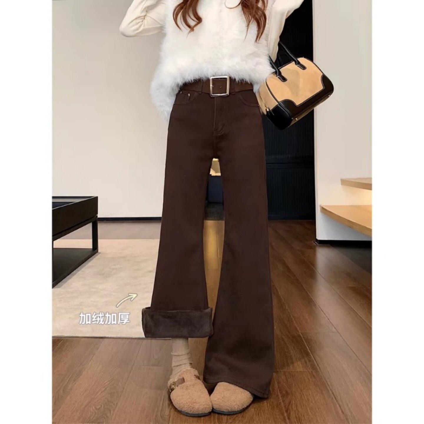 复古咖啡加绒加厚牛仔裤女2025秋冬新款高腰显瘦微喇叭长裤子chic