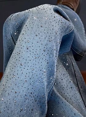 烫钻阔腿牛仔裤女春季新款2026设计感潮流高腰宽松窄版垂感直筒裤