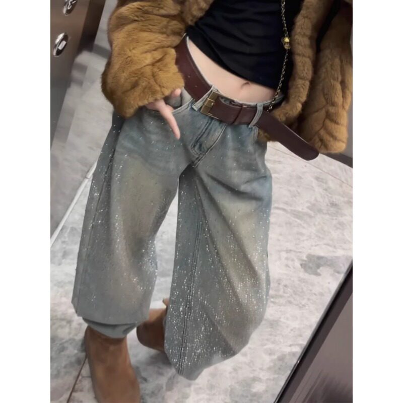 满天星爆闪烫钻阔腿牛仔裤女2026早春新款高腰垂感宽松弯刀拖地裤
