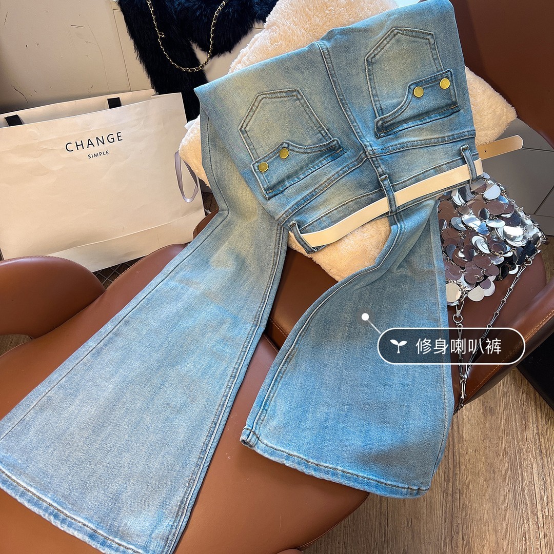 复古风潮~四面弹高腰微喇叭牛仔裤女修身翘臀显瘦拖地喇叭裤子潮