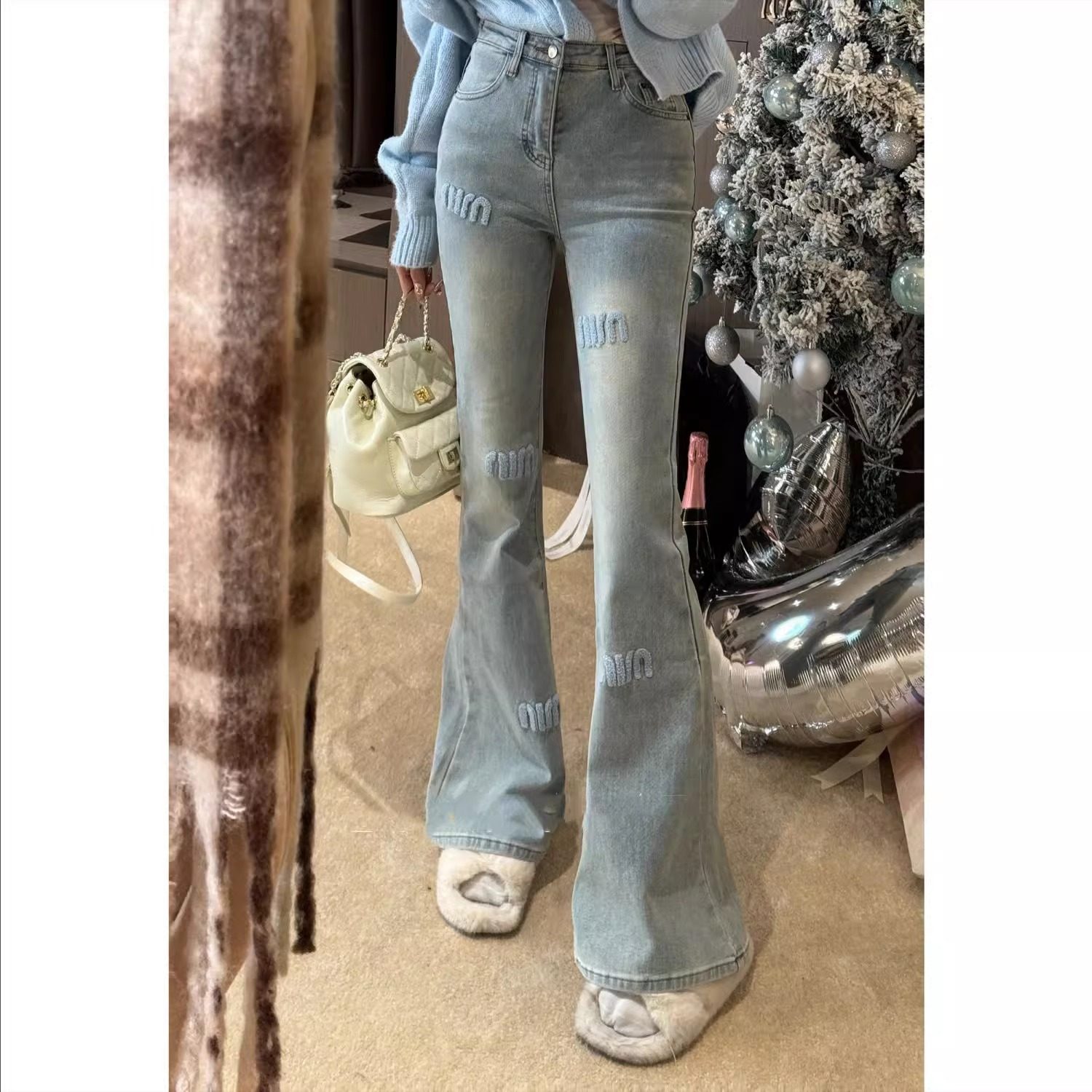 浅蓝微喇牛仔裤女2025春季新款高腰马蹄裤显瘦百搭直筒拖地喇叭裤