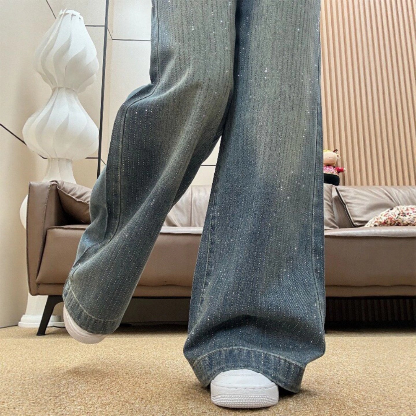 满天星烫钻阔腿牛仔裤女秋冬加绒大码胖mm高腰宽松显瘦直筒拖地裤