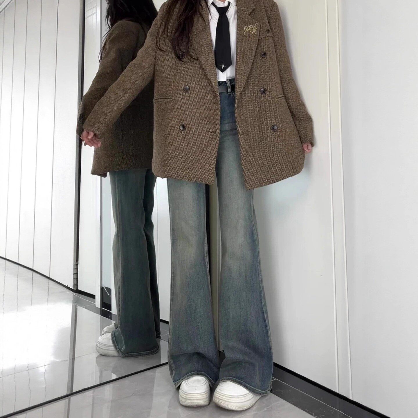 复古蓝加绒加厚微喇牛仔裤女秋冬大码胖mm显瘦遮胯弹力喇叭马蹄裤