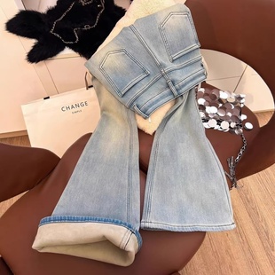 气质减龄浅蓝色加绒复古微喇叭修身牛仔裤女冬高腰显瘦紧身马蹄裤