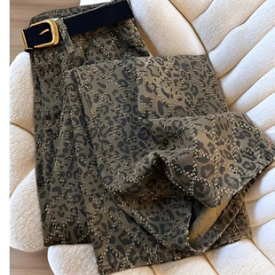 欧货设计感牛仔裤女春季新款2026小个子美式长裤时尚高街豹纹裤子