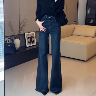 蓝色不贴腿加绒微喇牛仔裤女2025秋季新款高腰窄版直筒拖地喇叭裤