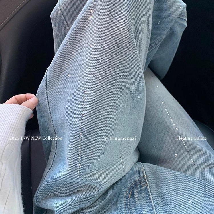 浅蓝色重工烫钻直筒牛仔裤女2026春季新款高腰显瘦休闲百搭阔腿裤