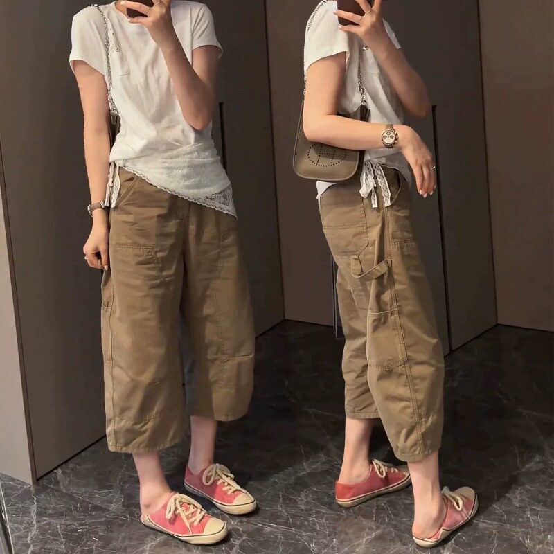 卡其色工装牛仔裤女2026夏季新款直筒裤大码显瘦今年流行八分裤