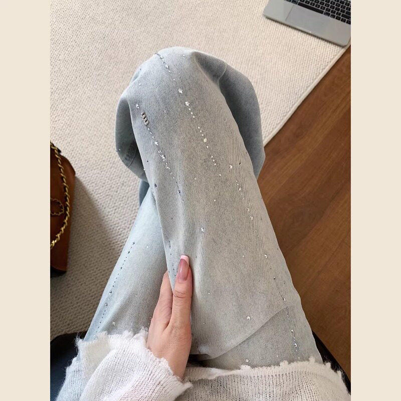 浅蓝色高腰宽松直筒重工满天星烫钻牛仔裤女春夏2026新款显瘦裤子