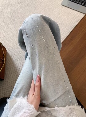 浅蓝色高腰宽松直筒重工满天星烫钻牛仔裤女春夏2026新款显瘦裤子