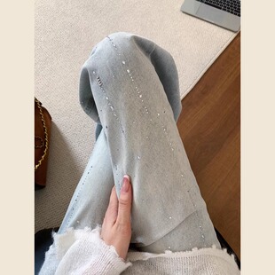 浅蓝色高腰宽松直筒重工满天星烫钻牛仔裤女春夏2026新款显瘦裤子