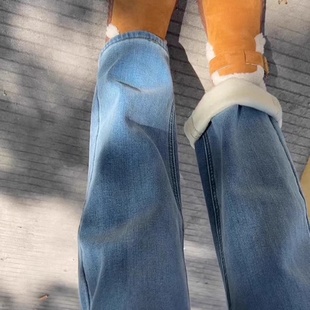 加绒加厚蓝色窄版直筒牛仔裤女春秋冬微胖梨形小个子显瘦阔腿裤子