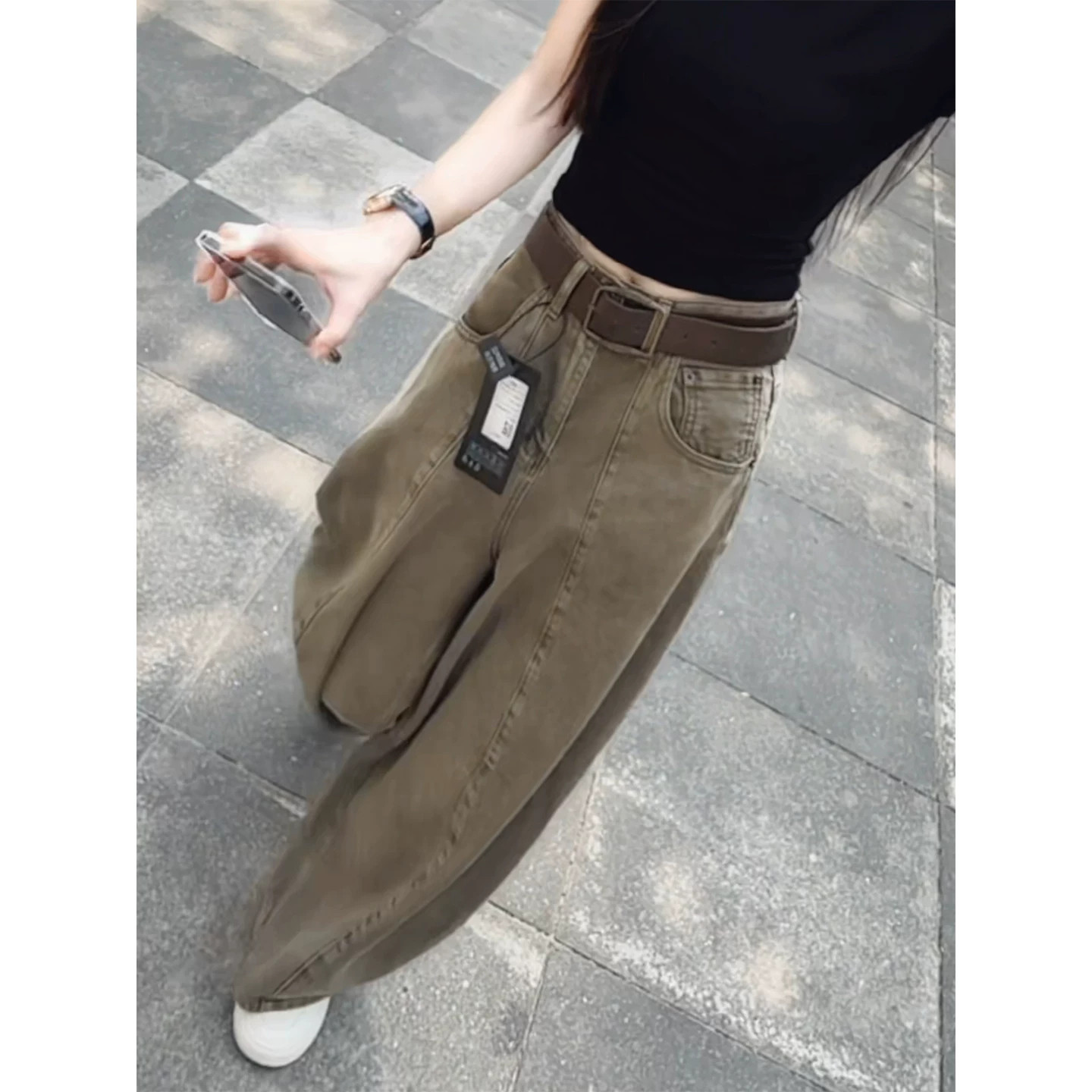 美拉德复古弯刀阔腿牛仔裤女2026秋季新款高腰宽松百搭镰刀拖地裤