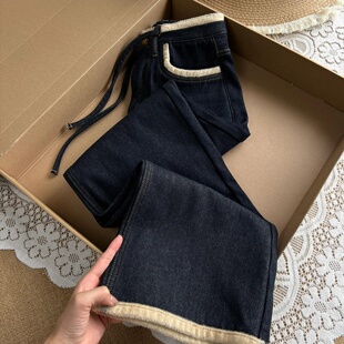 被惊艳到了！高级感深蓝色拼接裤子女冬季2025款高腰显瘦阔腿裤子