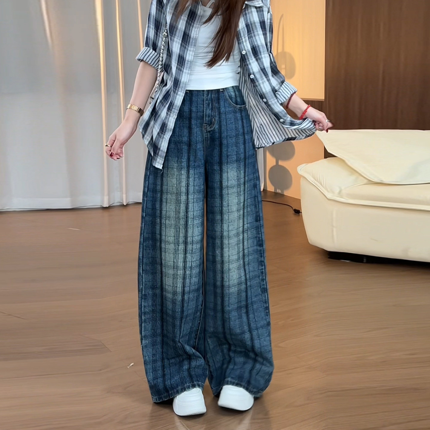 复古蓝色设计感牛仔裤女2026秋季新款高腰宽松显瘦时尚百搭阔腿裤
