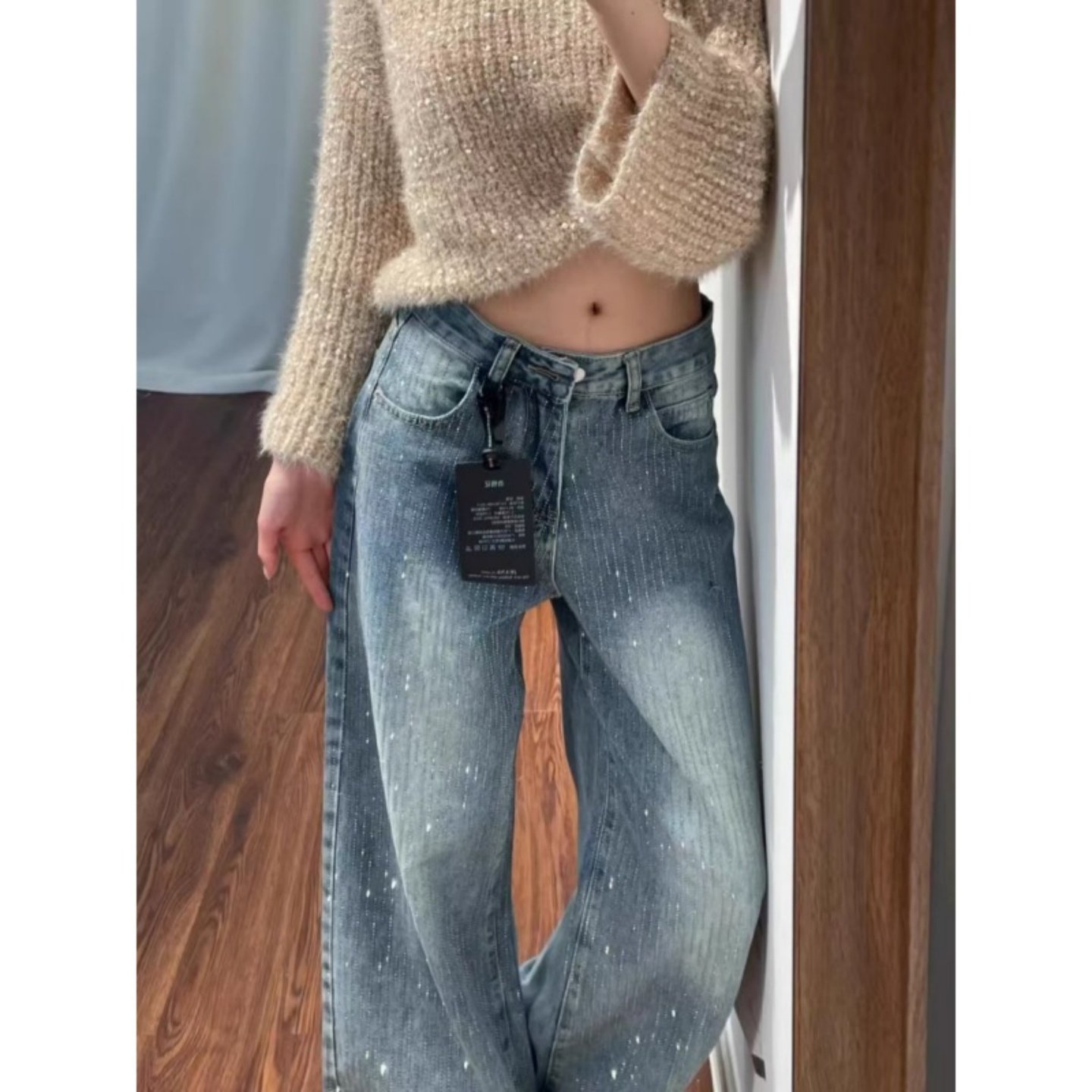 美式满天星爆闪烫钻直筒牛仔裤女冬季加绒大码胖mm宽松显瘦阔腿裤