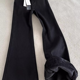 黑色加绒保暖微喇叭牛仔裤女秋冬新款美式复古高腰弹力显瘦马蹄裤