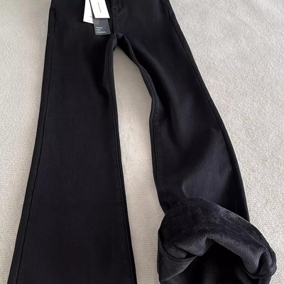 黑色加绒保暖微喇叭牛仔裤女秋冬新款美式复古高腰弹力显瘦马蹄裤