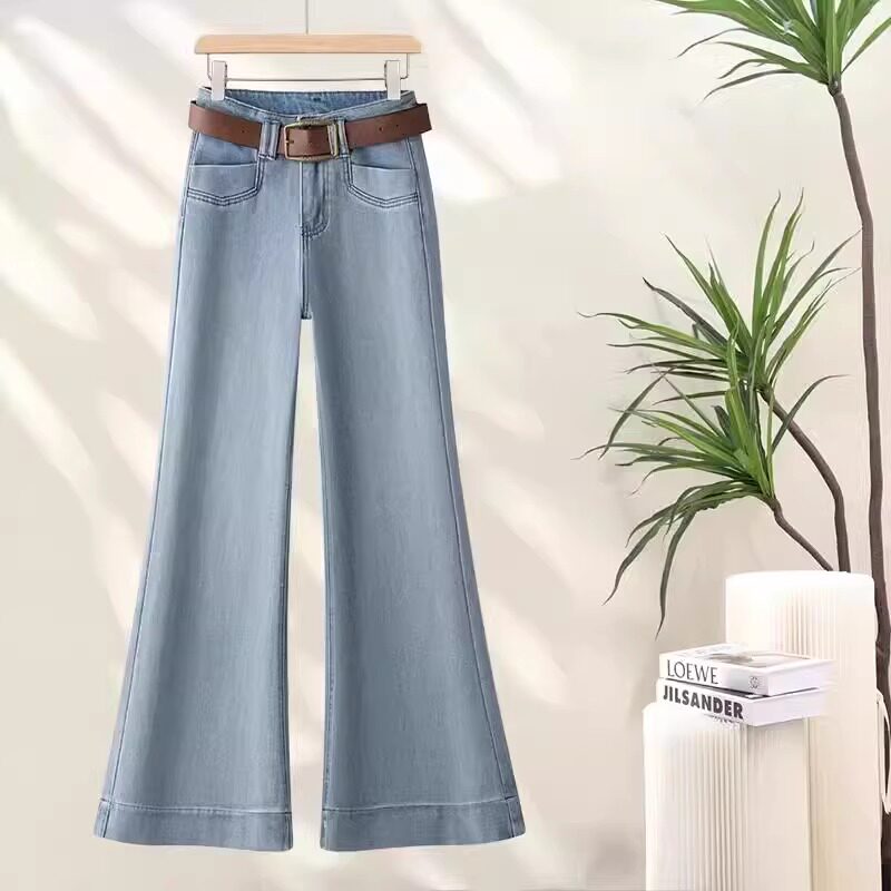 浅蓝色阔腿牛仔裤女春夏季2026新款高腰垂感休闲宽边拖地筒喇裤子