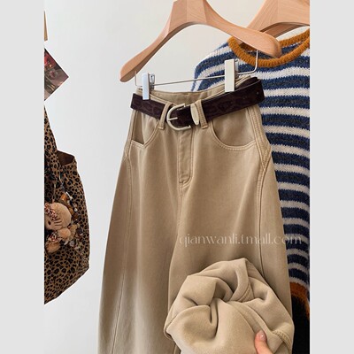 复古卡其色高端加绒加厚直筒阔腿牛仔裤女款百搭显瘦梧桐长裤子冬