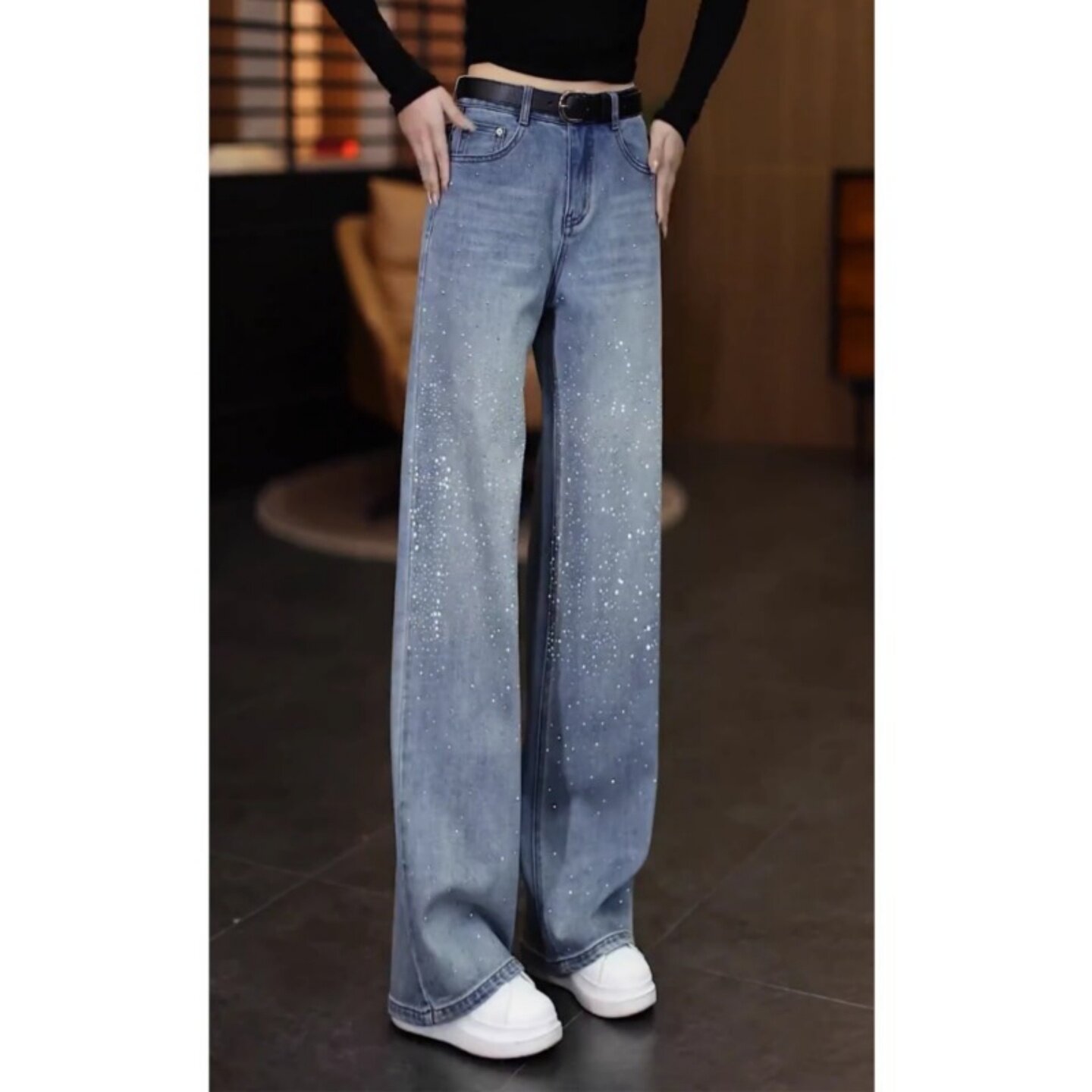 满天星烫钻直筒牛仔裤女胖mm大码春季新款高腰显瘦宽松闪钻阔腿裤