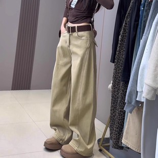 卡其色加绒工装牛仔阔腿裤女2025秋冬新款设计感显瘦直筒拖地长裤