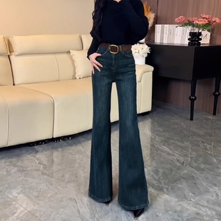 美式复古微喇叭牛仔裤女秋冬季新款小个子高腰显瘦加绒加厚马蹄裤