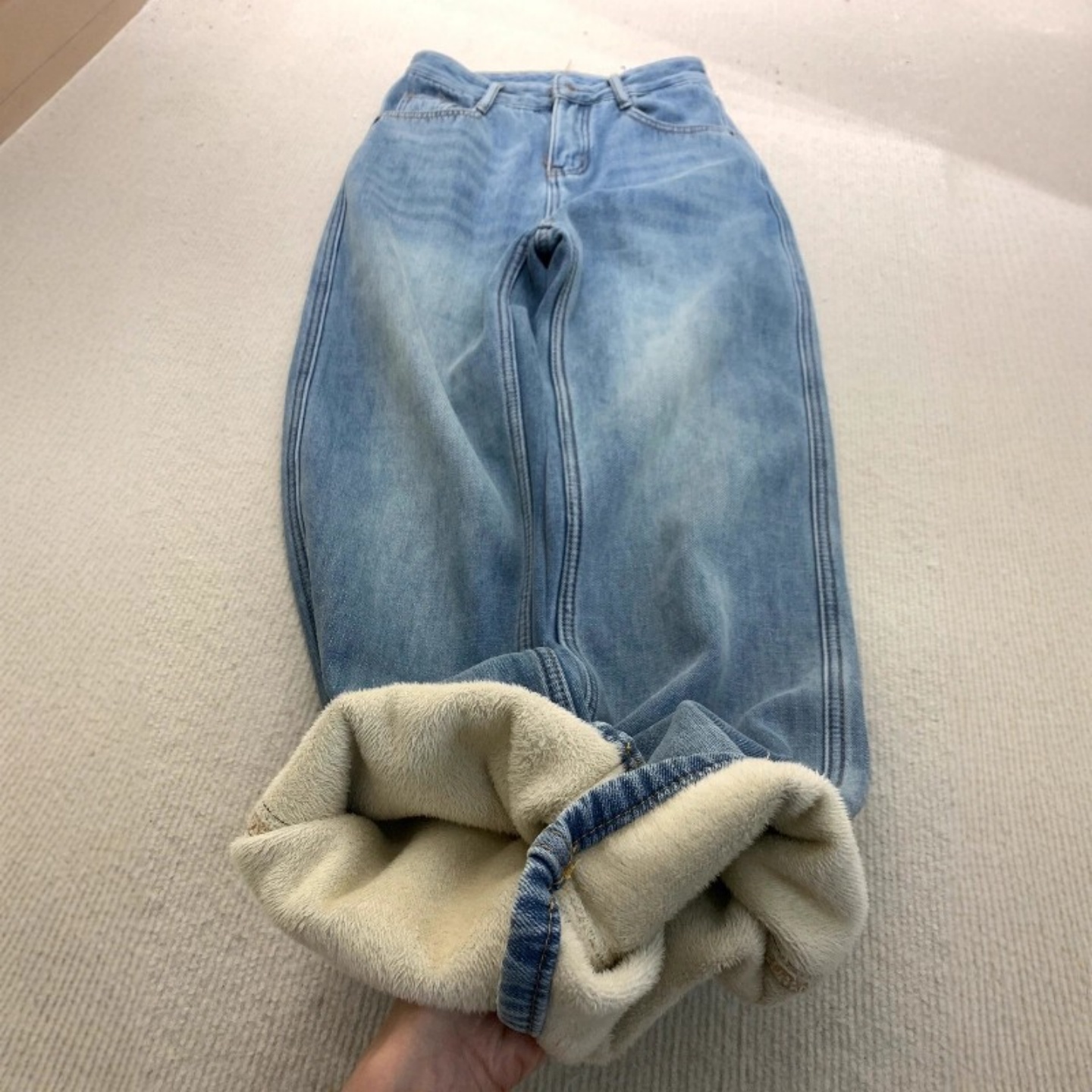 大码加绒加厚蓝色牛仔裤女冬季2025新款高腰显瘦宽松直筒阔腿裤子