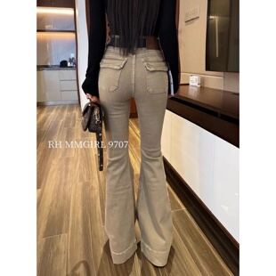 卡其色复古微喇牛仔裤女2025秋季新款港味高腰口袋设计修身长裤
