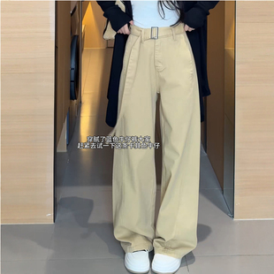 卡其色高腰阔腿牛仔裤女2026年秋季新款大码胖mm宽松显瘦直筒裤子