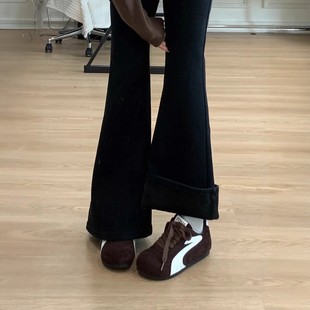 黑色高腰微喇牛仔裤女秋冬大码胖mm加绒加厚弹力显瘦喇叭拖地长裤