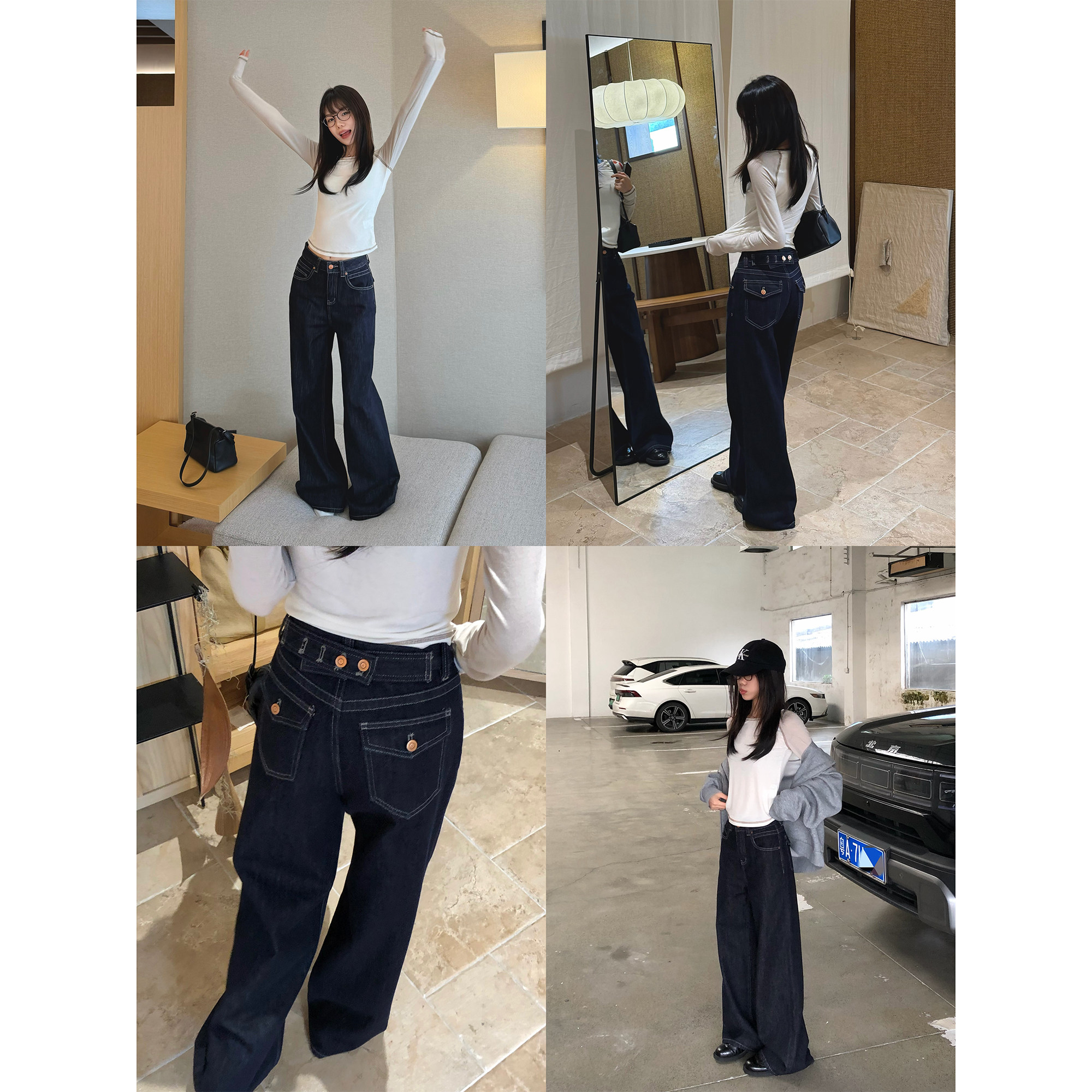 美式复古丹宁色牛仔裤女款2026秋季新款高腰宽松显瘦垂感阔腿裤