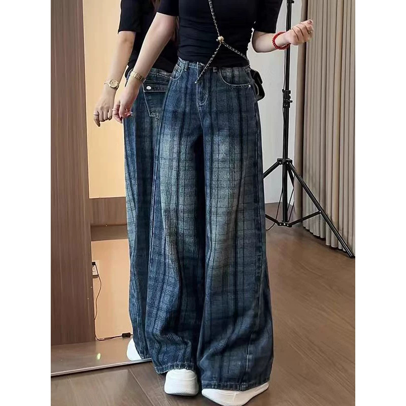 大码复古美式牛仔裤女秋季新款胖mm宽松高腰显瘦直筒阔腿弯刀裤子