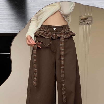 美拉德棕色双腰头蝴蝶绑带牛仔裤女春秋季设计感直筒宽松阔腿裤子