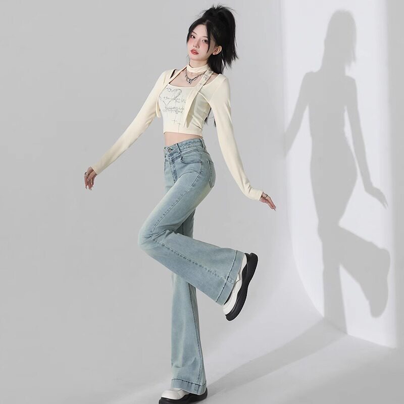 浅蓝色微喇牛仔裤女2024年春季新款高腰显瘦小个子弹力爆款喇叭裤