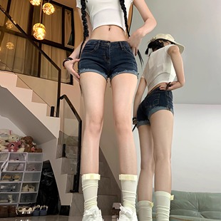 春季 大码 胖mm牛仔短裤 女超低腰露脐弹力紧身显瘦包臀千禧卷边热裤