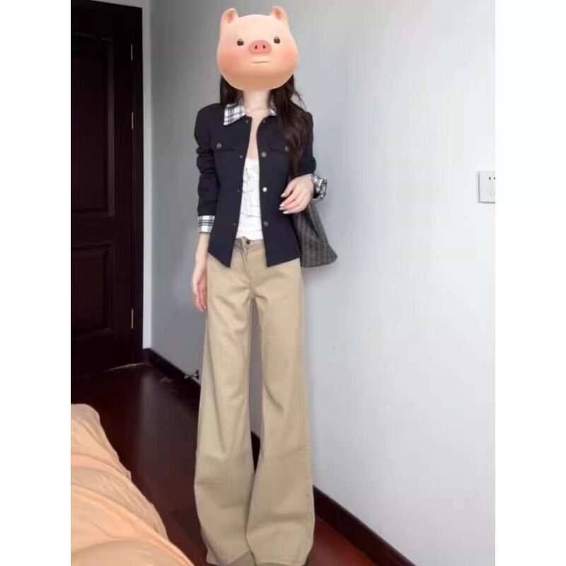 美式复古卡其色低腰直筒牛仔裤女2026春夏不贴腿宽松显瘦微喇叭裤