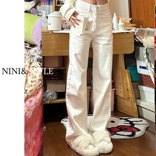 米白色窄版阔腿牛仔裤女2025秋冬加绒高腰宽松垂感小个子直筒裤子