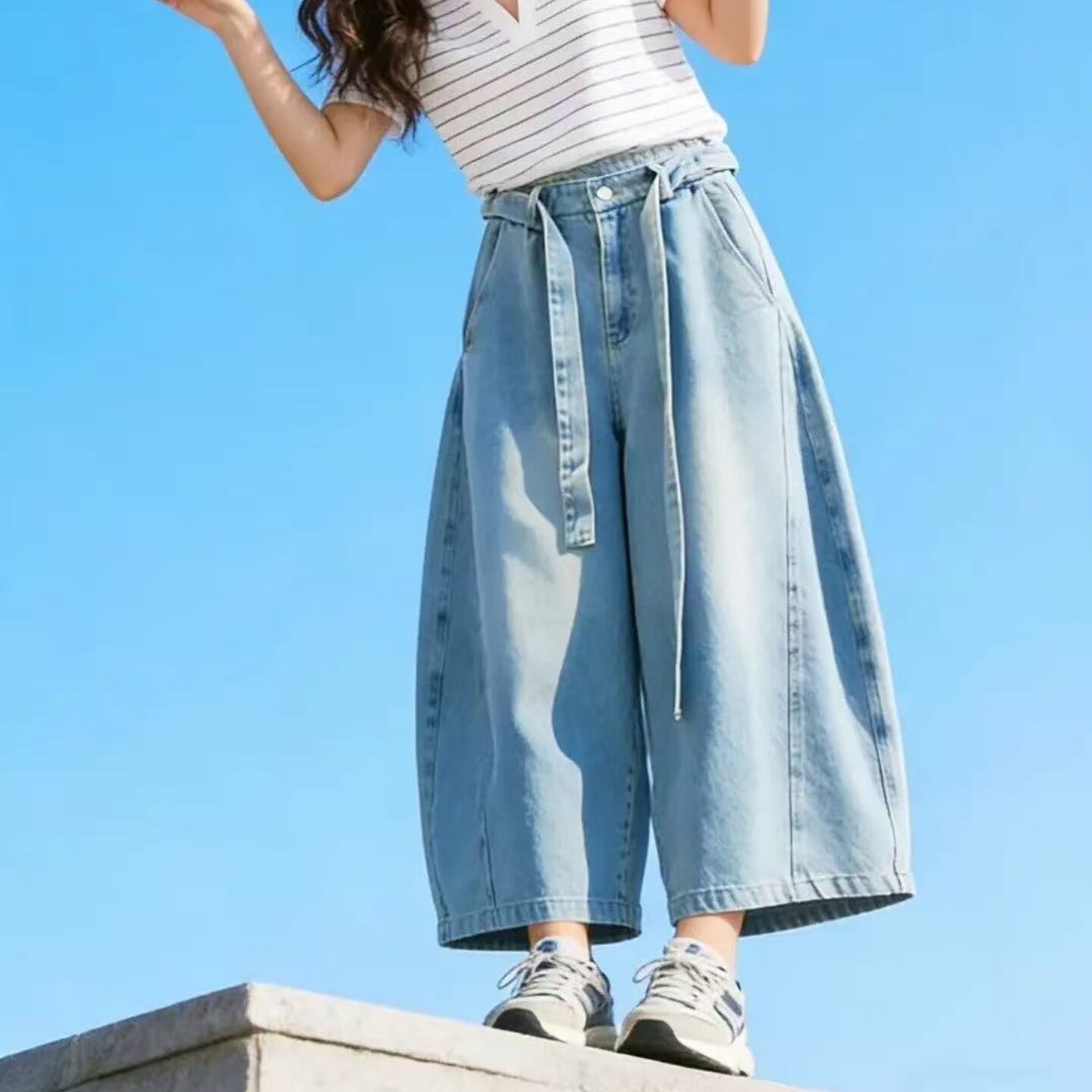 复古高腰阔腿牛仔裤女2026夏季宽松显瘦系带七分裤大码休闲裤子潮