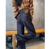 粗腿宽胯显瘦宽松阔腿拖地裤 深蓝色高腰直筒牛仔裤 女春秋2026新款