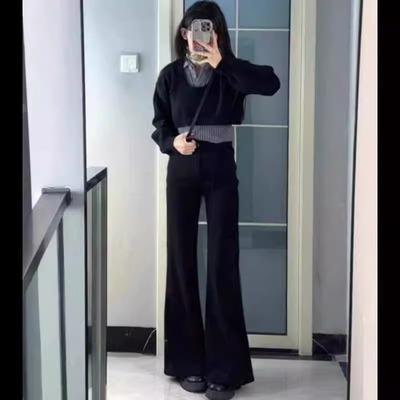 加绒黑色微喇牛仔裤女秋冬新款小个子不贴腿弹力显瘦高腰喇叭裤子