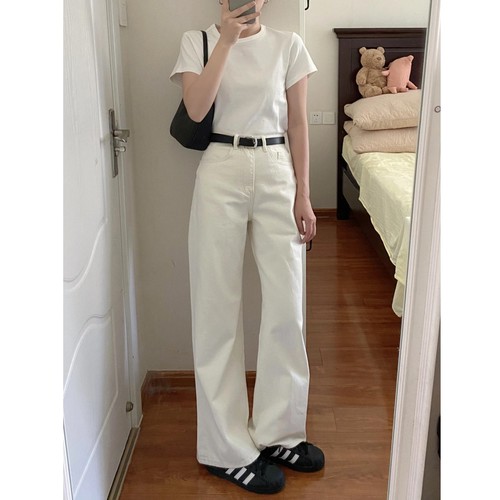 原创白色直筒牛仔裤女夏季2025年早秋季高腰显瘦垂感窄版阔腿裤子