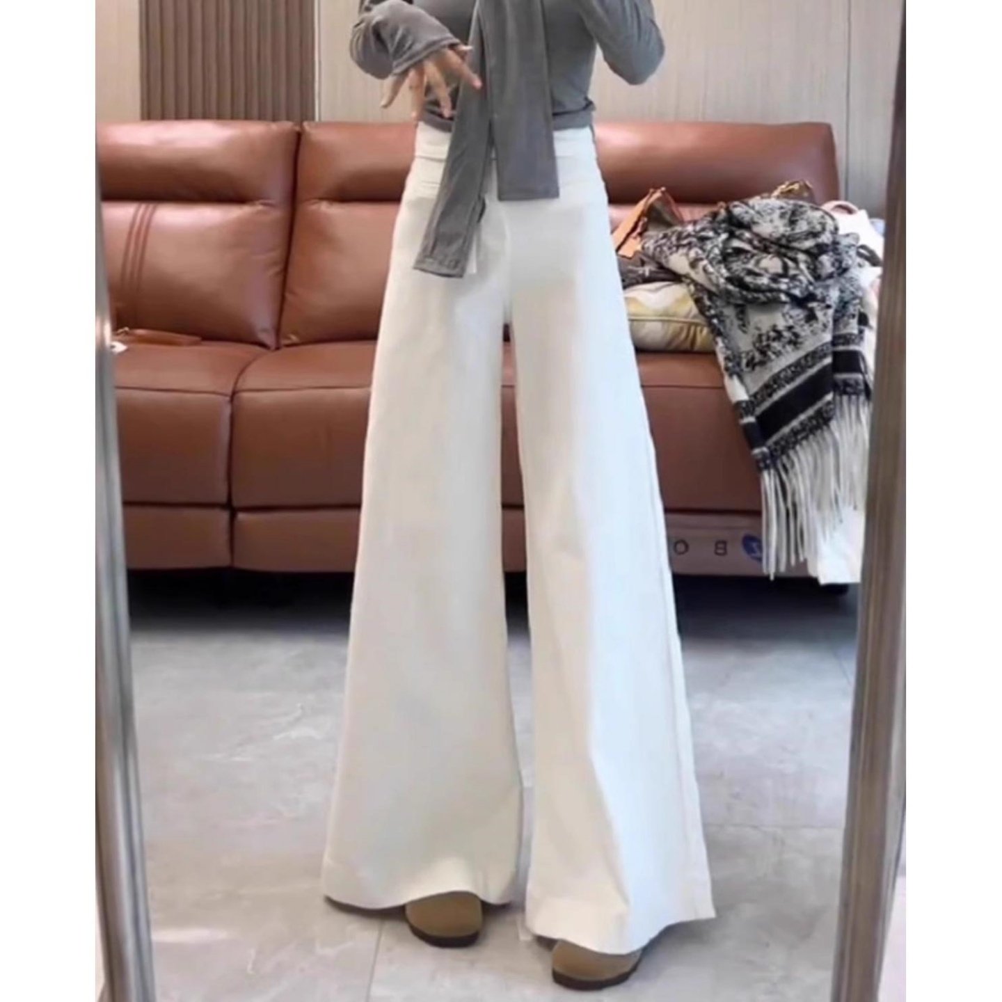 气质百搭白色阔腿牛仔裤女2026年夏季新款高腰显瘦垂感拖地喇叭裤