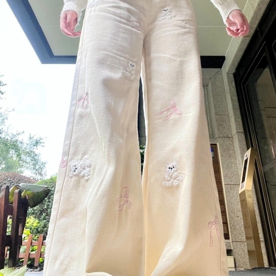 美式复古小熊刺绣阔腿牛仔裤女2025春秋款设计感百搭显瘦阔腿长裤