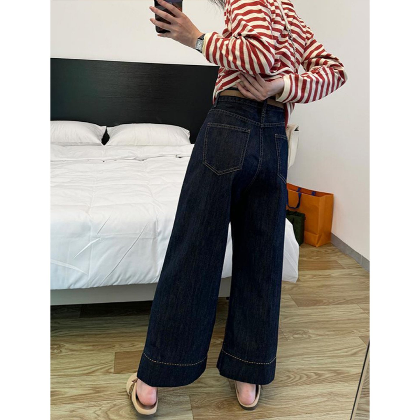 小个子阔腿裤女2025秋季大码深蓝色牛仔裤梨型身材胖mm高腰九分裤